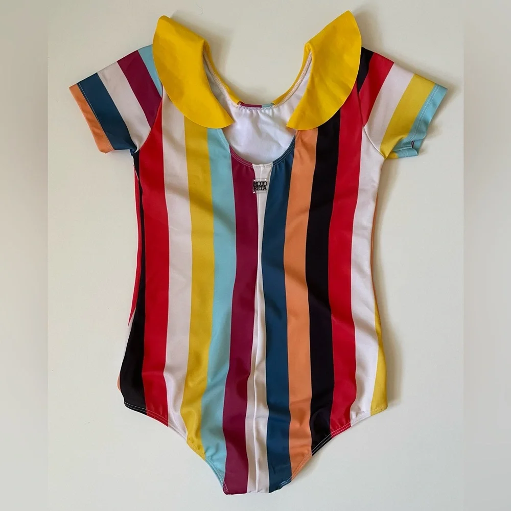 Girls' Multicolor Striped One-Piece Swimsuit with Yellow Peter Pan Collar